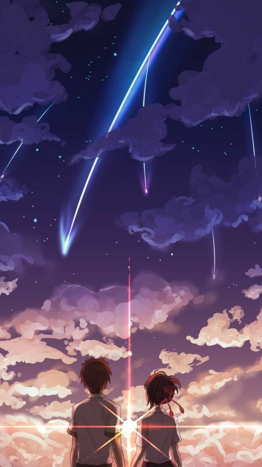 Two Anime Characters Gazing at a Meteor Shower Over a Dreamy Twilight Sky HD phone wallpaper