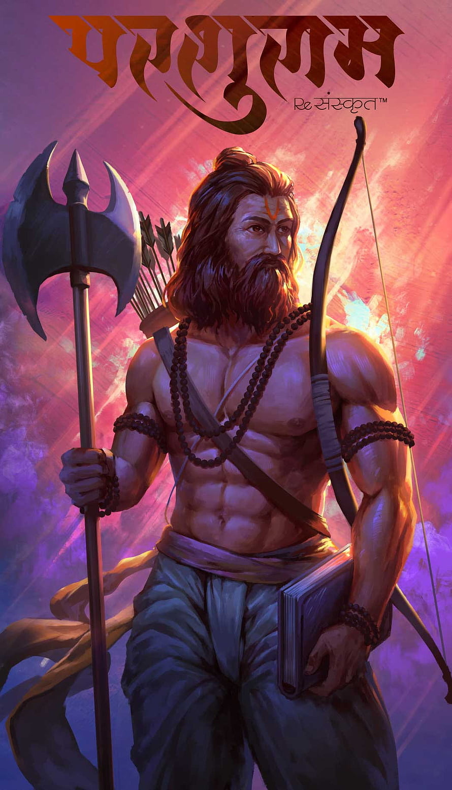 Parashurama warrior illustration with battle axe and bow in dramatic purple light HD phone wallpaper