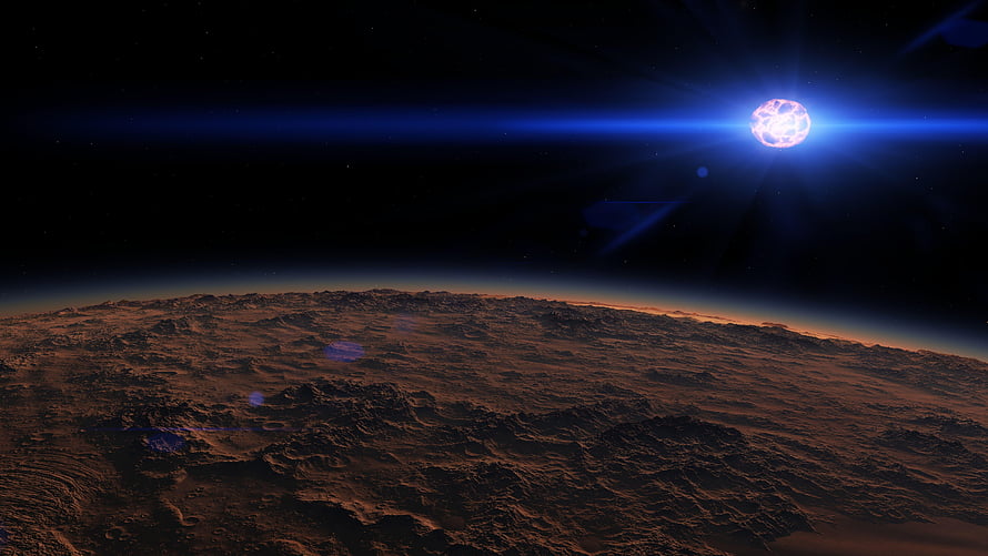Dramatic View of a Rocky Planet Surface with a Bright Blue Star in the Dark Sky HD wallpaper