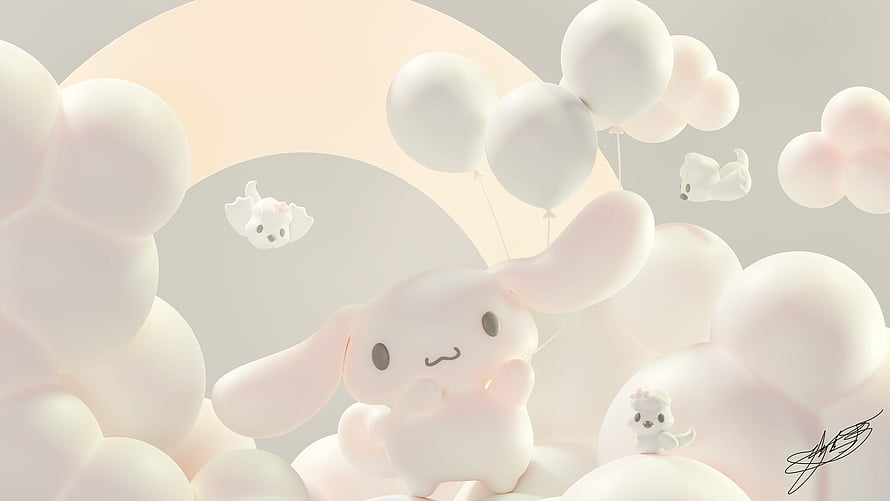 Cinnamoroll 3D Render with Balloons and Clouds in Soft Pastel Tones HD wallpaper