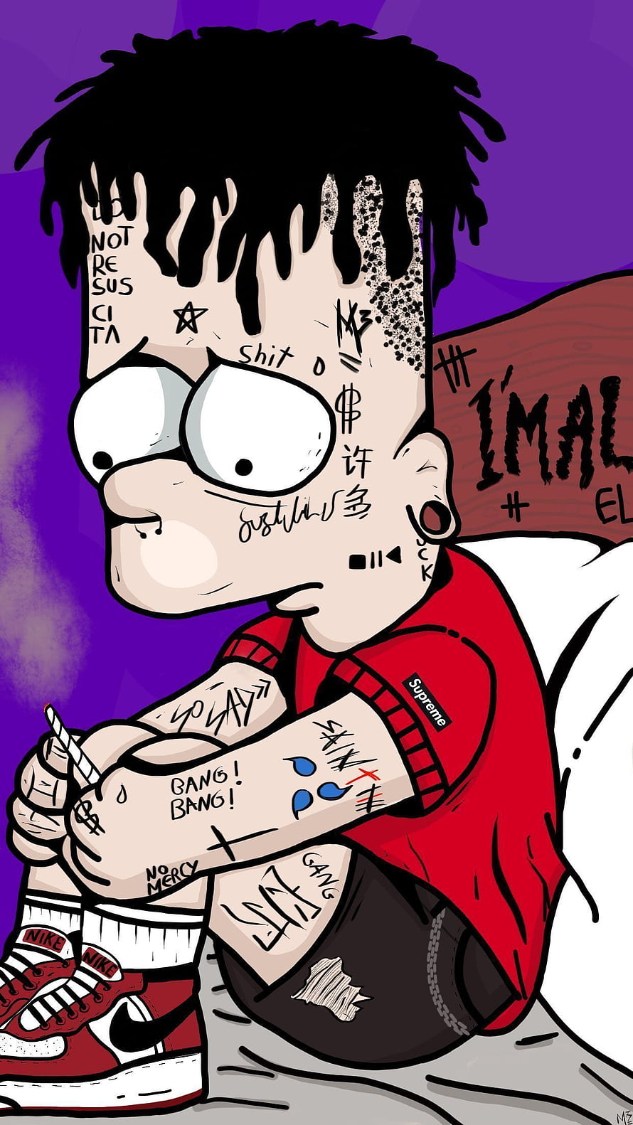 Bart Simpson Streetwear Illustration with Supreme Shirt and Nike Sneakers HD phone wallpaper