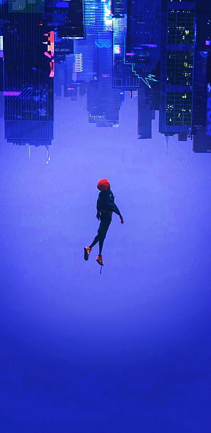 Miles Morales Falling Through a Neon-Lit Cyberpunk Cityscape HD phone wallpaper