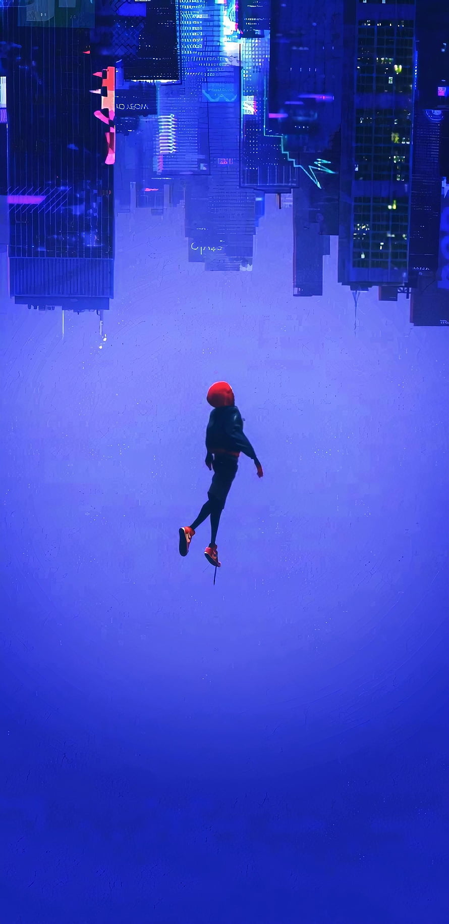 Miles Morales Falling Through a Neon-Lit Cyberpunk Cityscape HD phone wallpaper