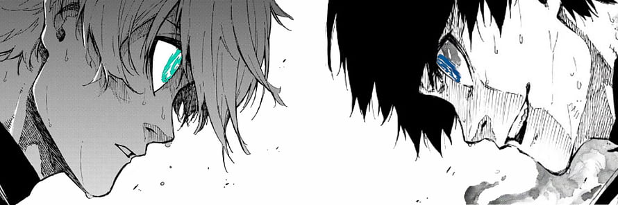 Blue Lock manga close-up of two intense characters facing off with glowing eyes HD wallpaper