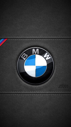 BMW M Logo on Black Leather Texture with Stitched Detail and M Stripes HD phone wallpaper