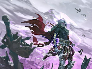 The Beginning After The End anime warrior with glowing purple energy and red cape on a battlefield HD wallpaper