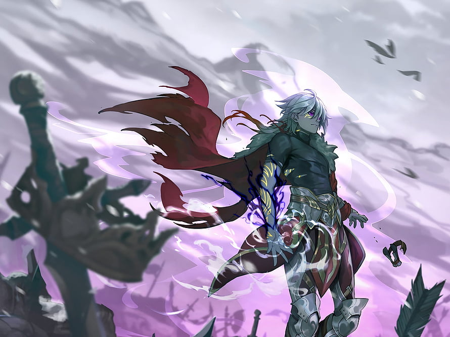 The Beginning After The End anime warrior with glowing purple energy and red cape on a battlefield HD wallpaper
