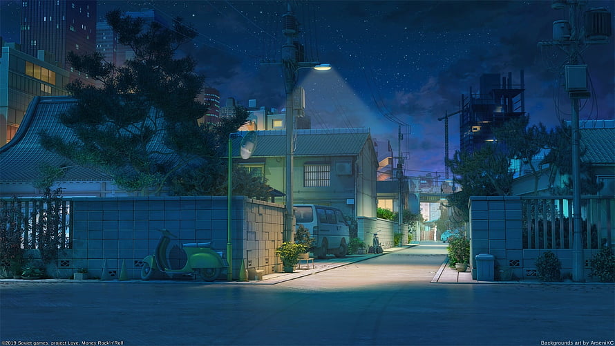 Anime Japanese Neighborhood Night Scene with Street Lamp and Scooter HD wallpaper
