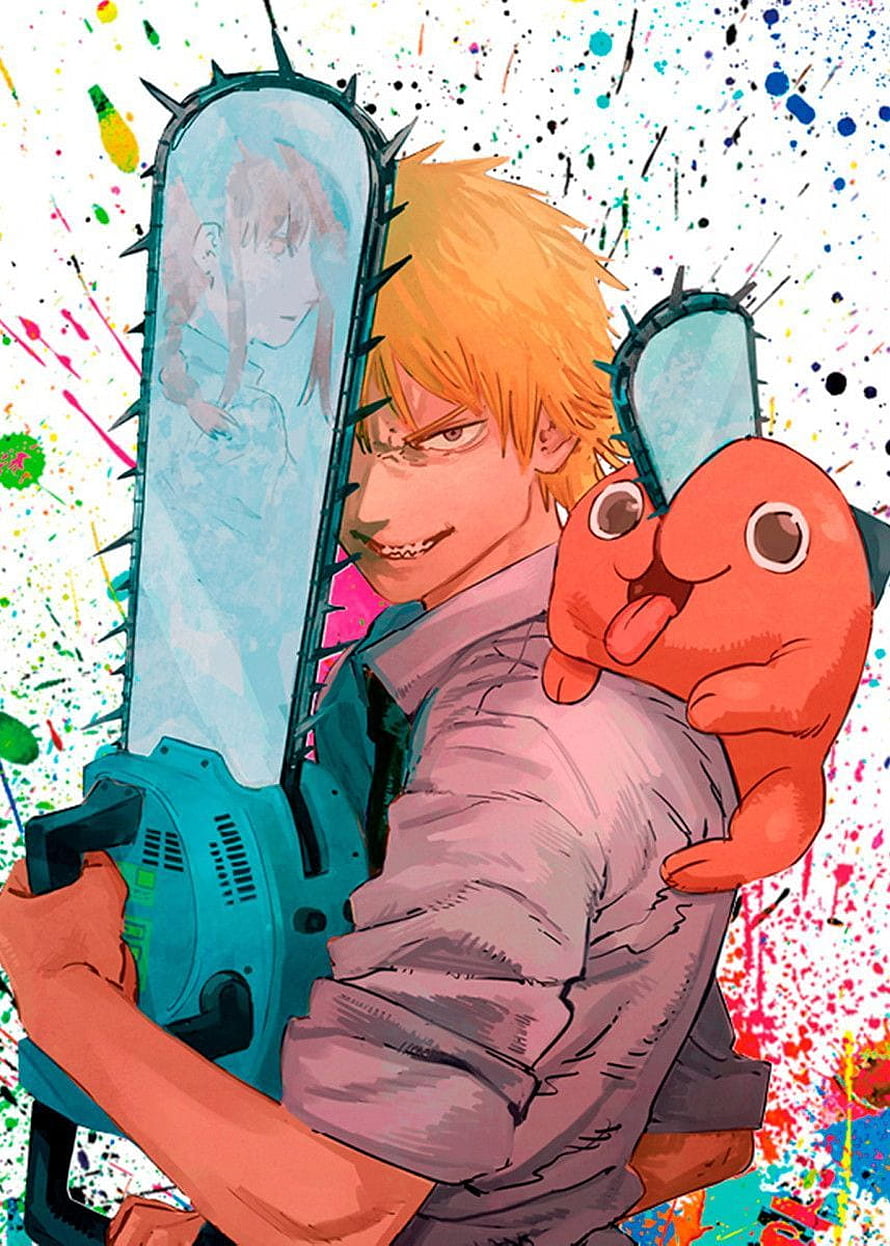 Denji and Pochita from Chainsawman Holding a Chainsaw with Colorful Paint Splatter Background HD phone wallpaper