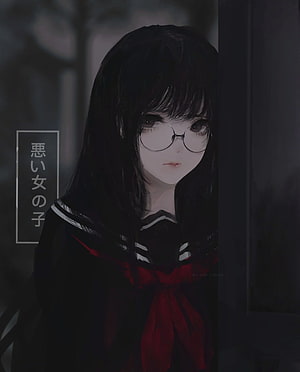 Dark Anime Girl in School Uniform with Round Glasses and Red Ribbon HD phone wallpaper