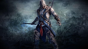 Assassin's Creed Hooded Assassin Character Art with Hidden Blade and Tomahawk HD wallpaper