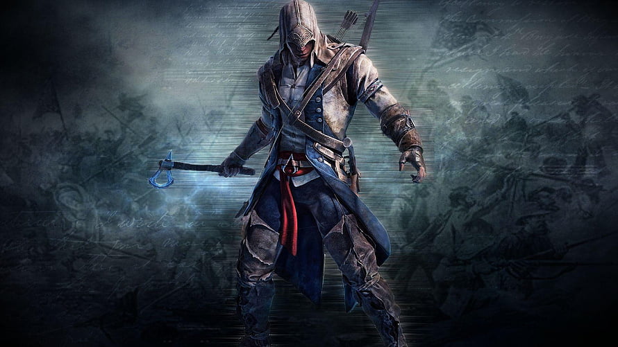 Assassin's Creed Hooded Assassin Character Art with Hidden Blade and Tomahawk HD wallpaper