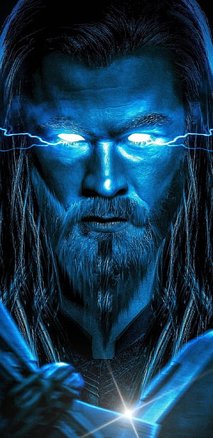 Thor Endgame Close-Up Portrait with Glowing Blue Eyes and Lightning Effects HD phone wallpaper