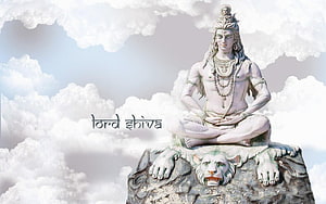 Lord Shiva Meditating on a Rock with Lion in Cloudy Sky HD wallpaper