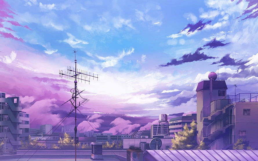 Anime City Rooftop View with Antenna and Purple Sunset Sky HD wallpaper
