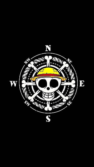 One Piece Straw Hat Pirates Jolly Roger Compass Logo on Black Background HD phone wallpaper