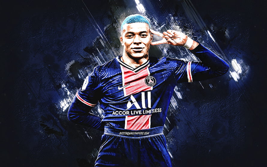 Kylian Mbappe in Paris Saint-Germain Home Kit with Blue Hair and Peace Sign Pose HD wallpaper