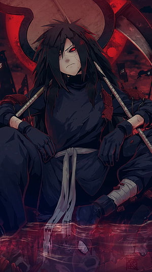 Madara Uchiha Anime Character Sitting in Dark Red Battlefield HD phone wallpaper