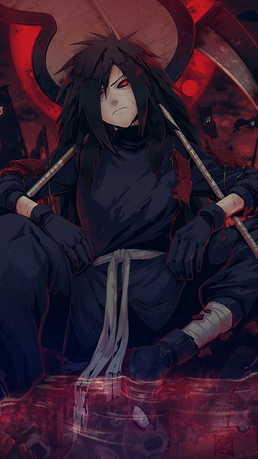 Madara Uchiha Anime Character Sitting in Dark Red Battlefield HD phone wallpaper