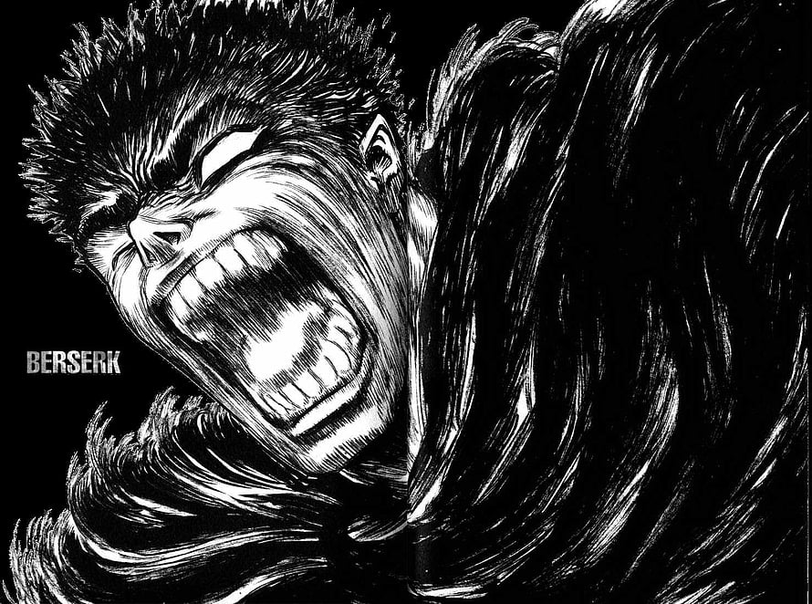 Berserk Guts Screaming in Black and White Manga Art HD wallpaper