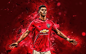Marcus Rashford in Manchester United Home Kit with Dramatic Red Ink Splash Background HD wallpaper
