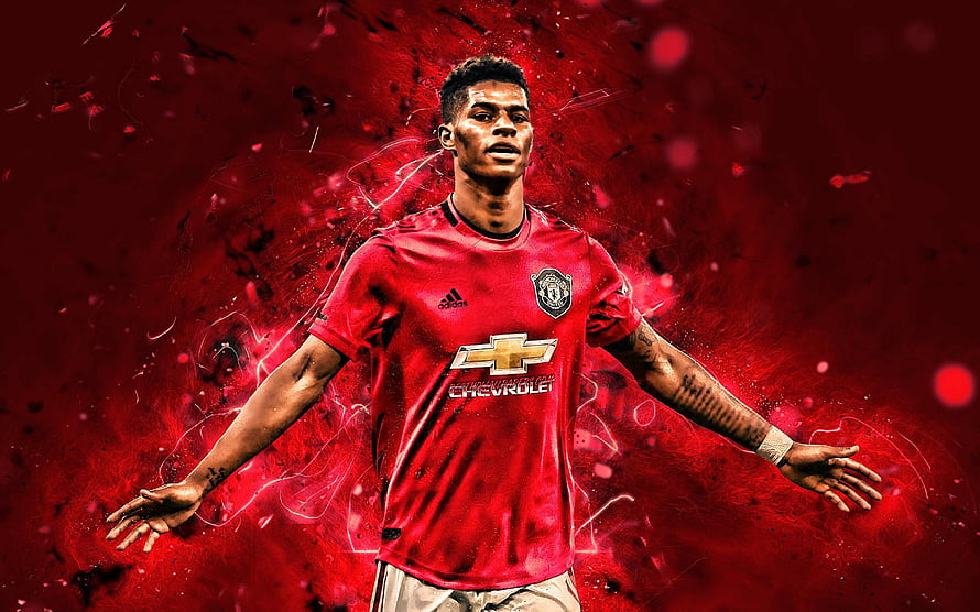 Marcus Rashford in Manchester United Home Kit with Dramatic Red Ink Splash Background HD wallpaper