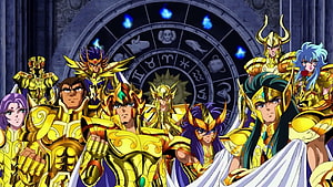 Saint Seiya Gold Saints in Full Armor Before the Zodiac Wheel HD wallpaper