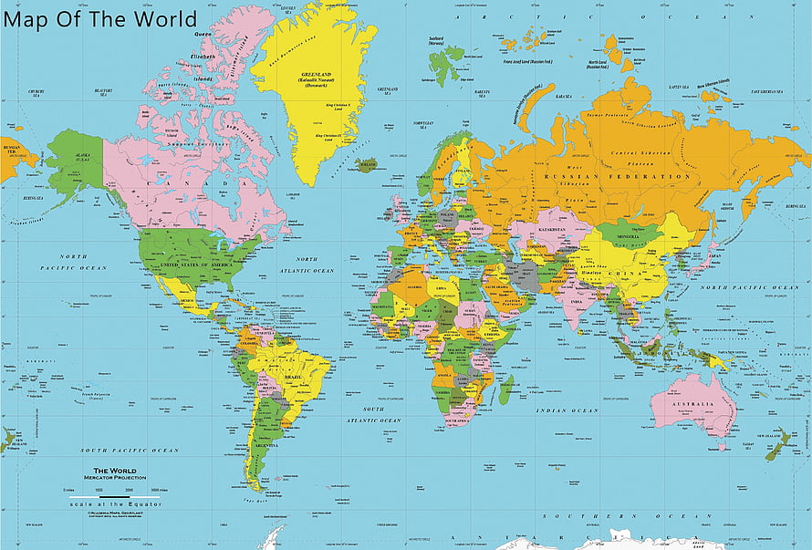 Colorful Political World Map with Country Borders and Ocean Labels HD wallpaper