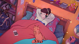 Cozy Lofi Girl with Cat in Warm Bedroom Illustration HD wallpaper