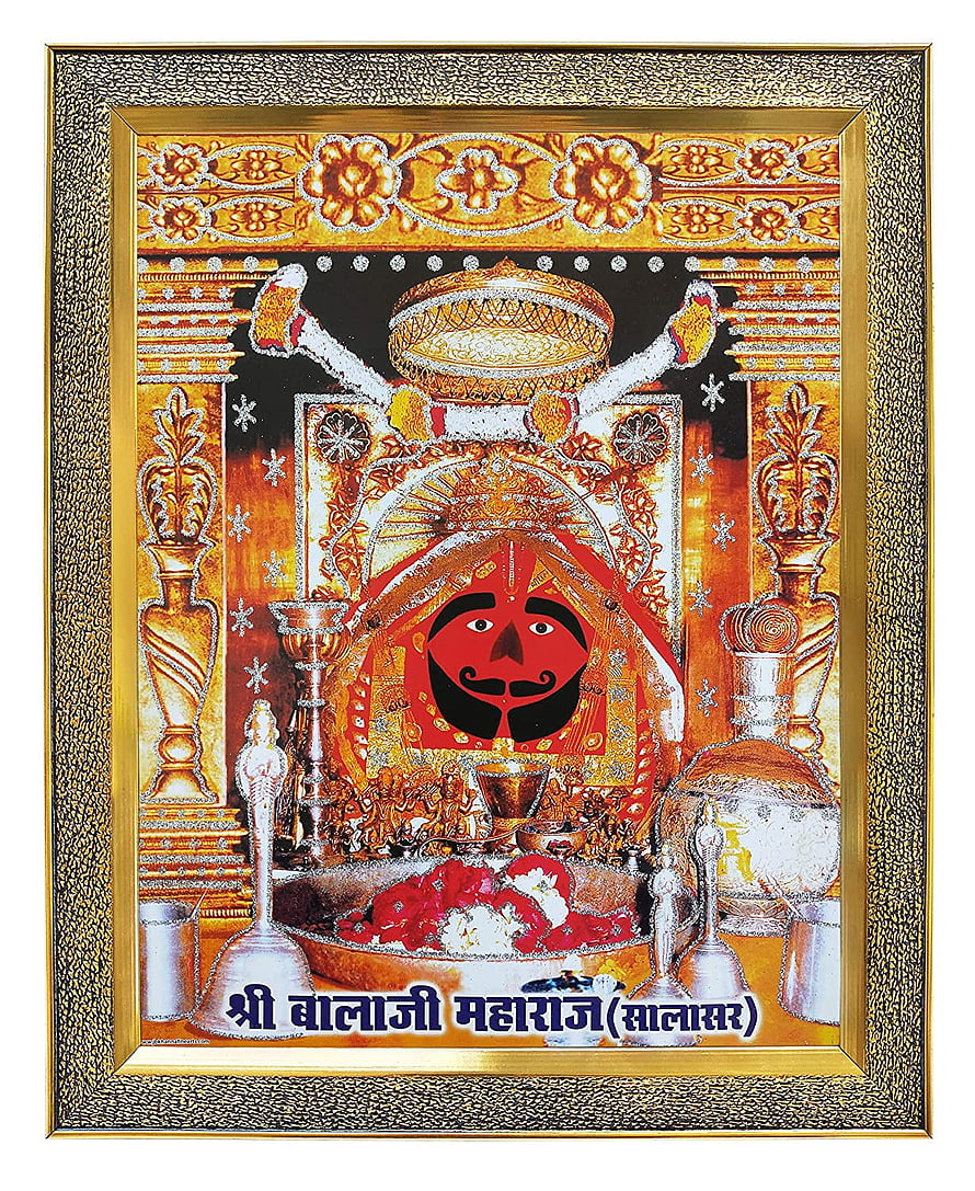 Salasar Balaji Murti with Offerings and Temple Vessels in Ornate Gold Frame HD phone wallpaper