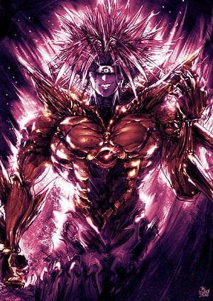 Boros from One Punch Man in Golden Armor with Spiky Hair and Purple Energy Aura HD phone wallpaper
