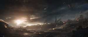 Epic Battle Scene with Armies and Fire in a Dark Fantasy Landscape HD wallpaper