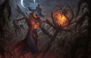 Halloween Scarecrow Fantasy Artwork with Glowing Pumpkin Lantern in Dark Cornfield HD wallpaper
