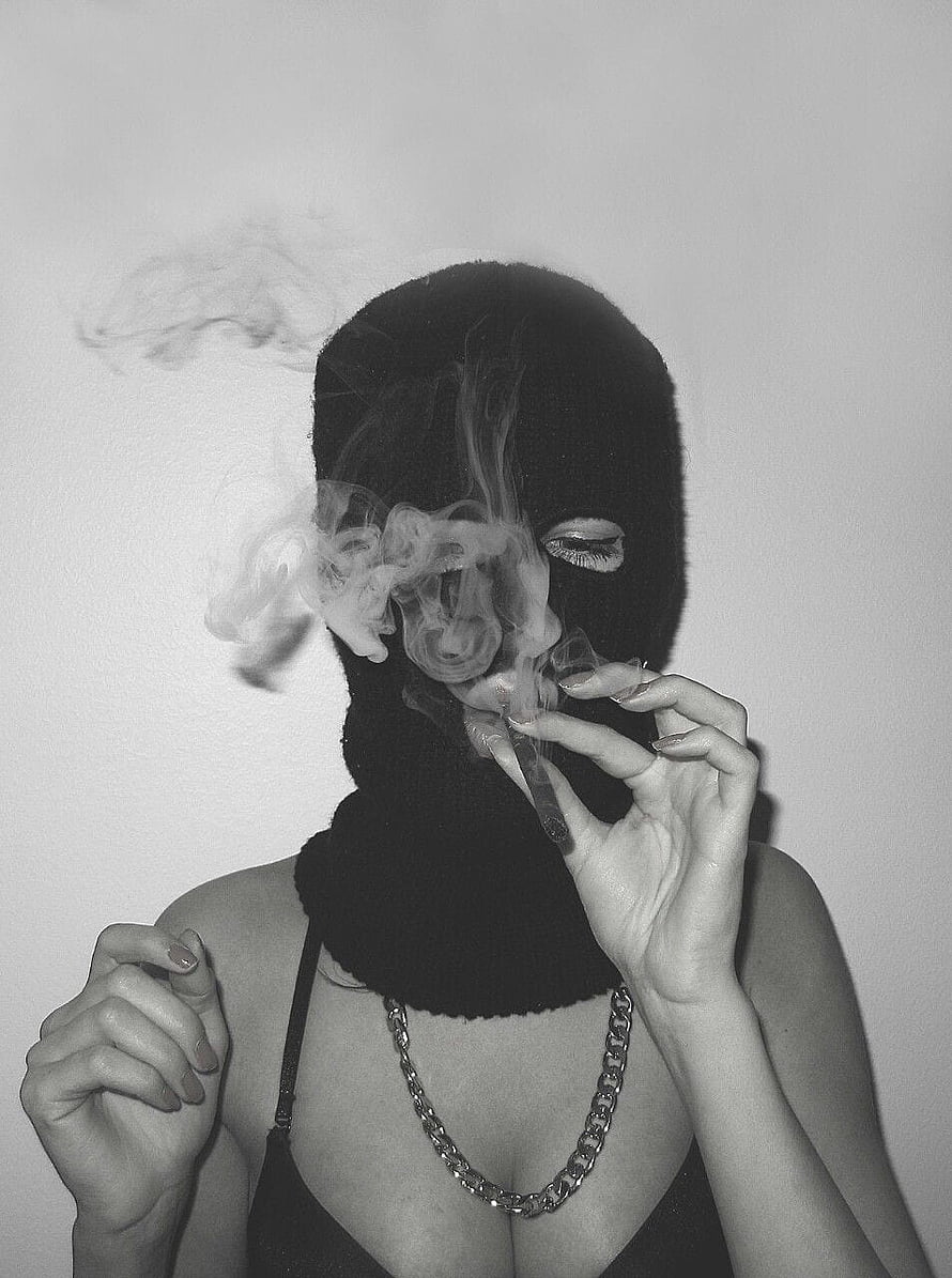 Black and White Portrait of Woman in Balaclava Smoking Cigarette HD phone wallpaper