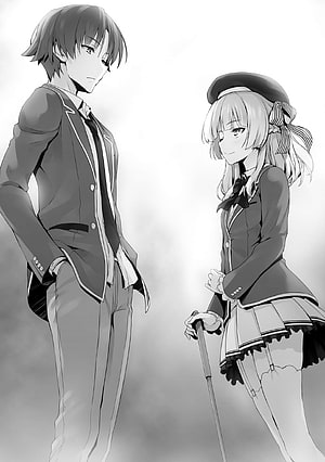 Sakayanagi Arisu and Male Character in School Uniforms Black and White Anime Illustration HD phone wallpaper