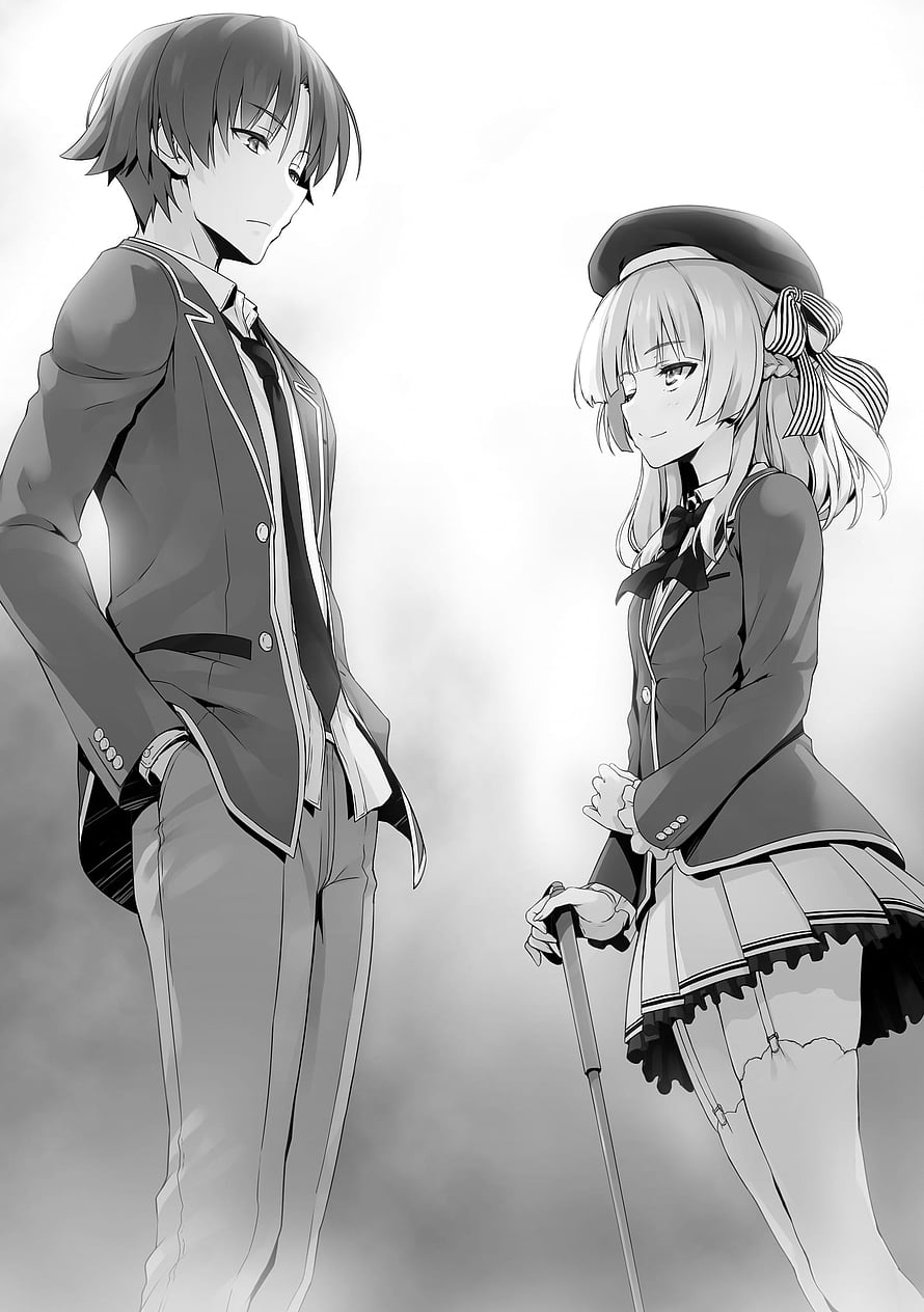 Sakayanagi Arisu and Male Character in School Uniforms Black and White Anime Illustration HD phone wallpaper