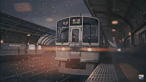 Atmospheric Train Station at Night with Snowfall and Warm Lighting HD wallpaper