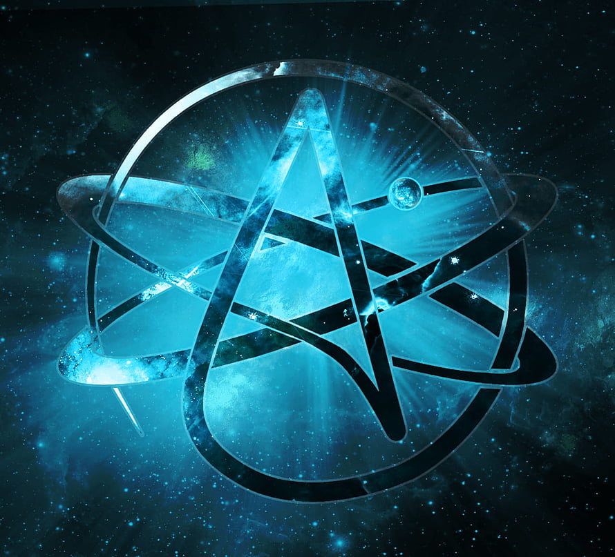Glowing Atheist Symbol with Cosmic Nebula and Starfield Background HD wallpaper