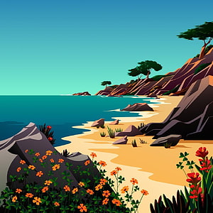 Stylized Coastal Beach Landscape with Sandy Shores, Turquoise Water, and Vibrant Wildflowers HD phone wallpaper