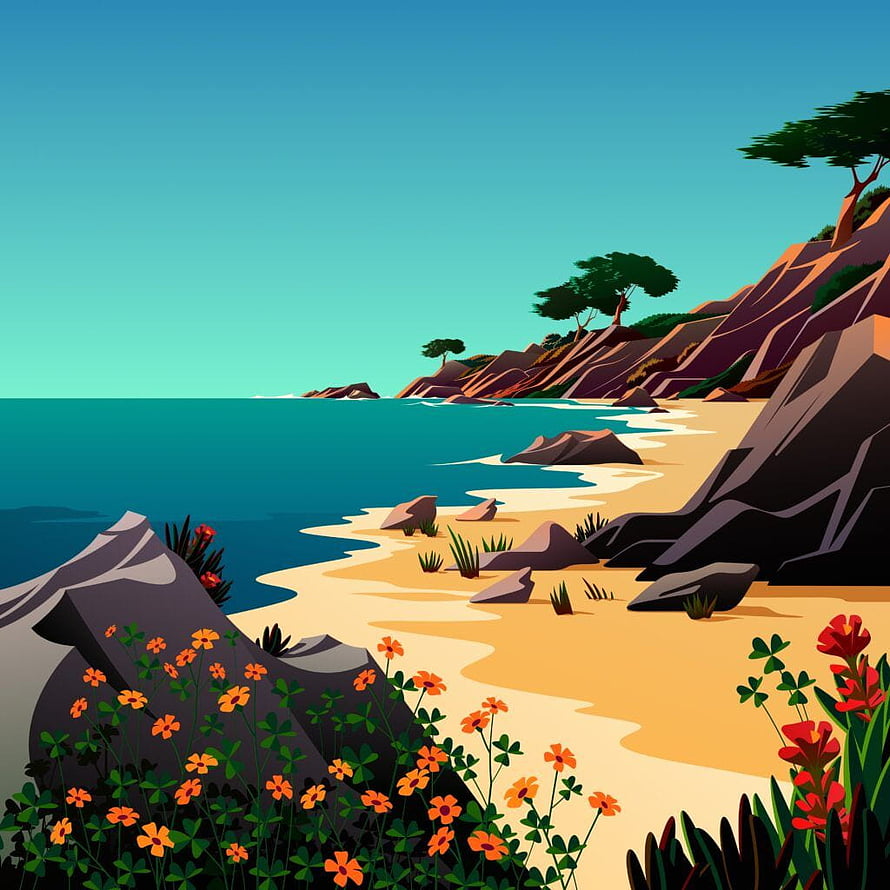 Stylized Coastal Beach Landscape with Sandy Shores, Turquoise Water, and Vibrant Wildflowers HD phone wallpaper