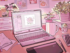 Cozy Pink Digital Art Studio with Laptop, Drawing Tablet, and Potted Plants HD wallpaper