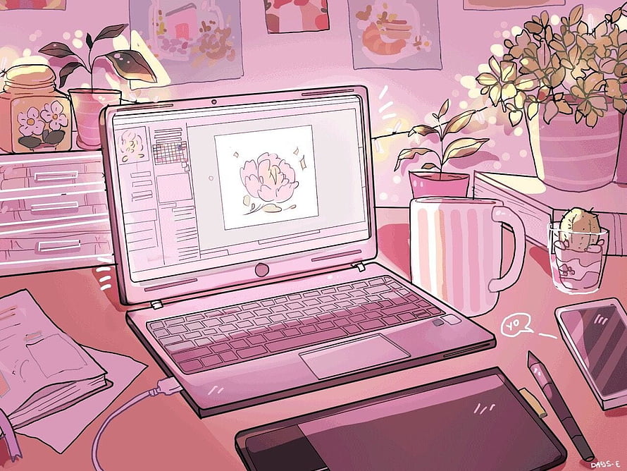 Cozy Pink Digital Art Studio with Laptop, Drawing Tablet, and Potted Plants HD wallpaper