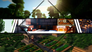 Minecraft YouTube Banner Featuring Farm, Village, and Crafting Scenes HD wallpaper