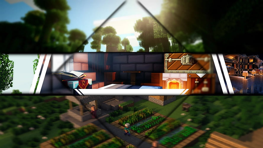 Minecraft YouTube Banner Featuring Farm, Village, and Crafting Scenes HD wallpaper