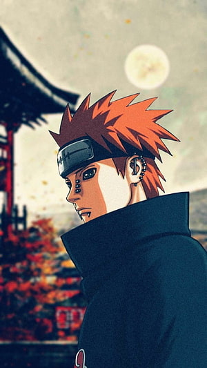 Yahiko from Naruto Shippuden in a dark cloak with a moonlit temple backdrop HD phone wallpaper
