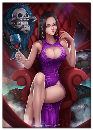 Boa Hancock in Purple Dress Seated on Throne with Wine Glass and Skull Mask HD phone wallpaper