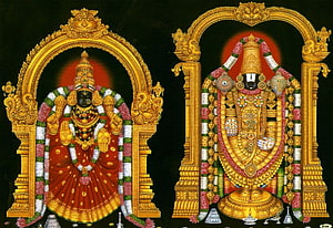 Lord Perumal Temple Deity Illustration with Ornate Golden Arches and Floral Garlands HD wallpaper