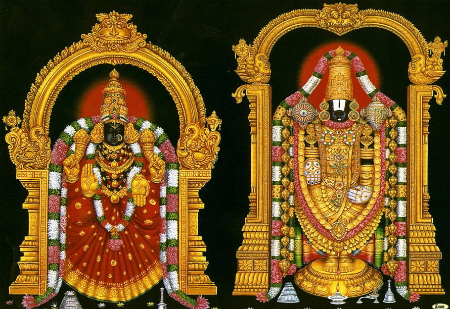 Lord Perumal Temple Deity Illustration with Ornate Golden Arches and Floral Garlands HD wallpaper