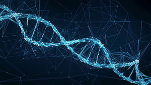 Glowing Digital DNA Helix with Geometric Network Connections on Dark Blue Background HD wallpaper