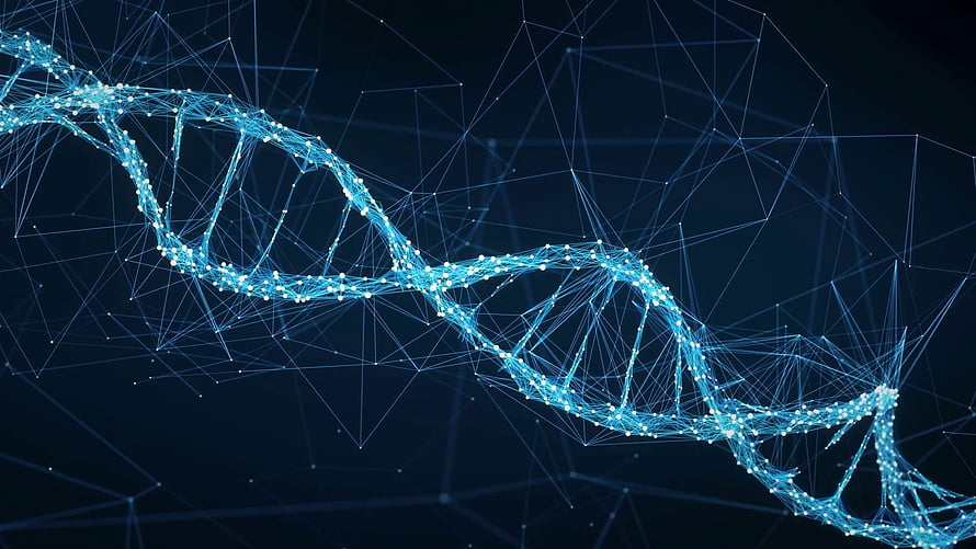 Glowing Digital DNA Helix with Geometric Network Connections on Dark Blue Background HD wallpaper
